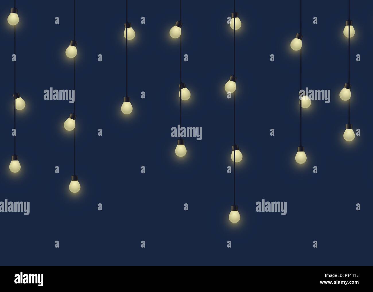 Lampadina incandescente garland, luci decorative garland su sfondo scuro, piè di pagina e il banner lampade, illustrazione vettoriale Illustrazione Vettoriale