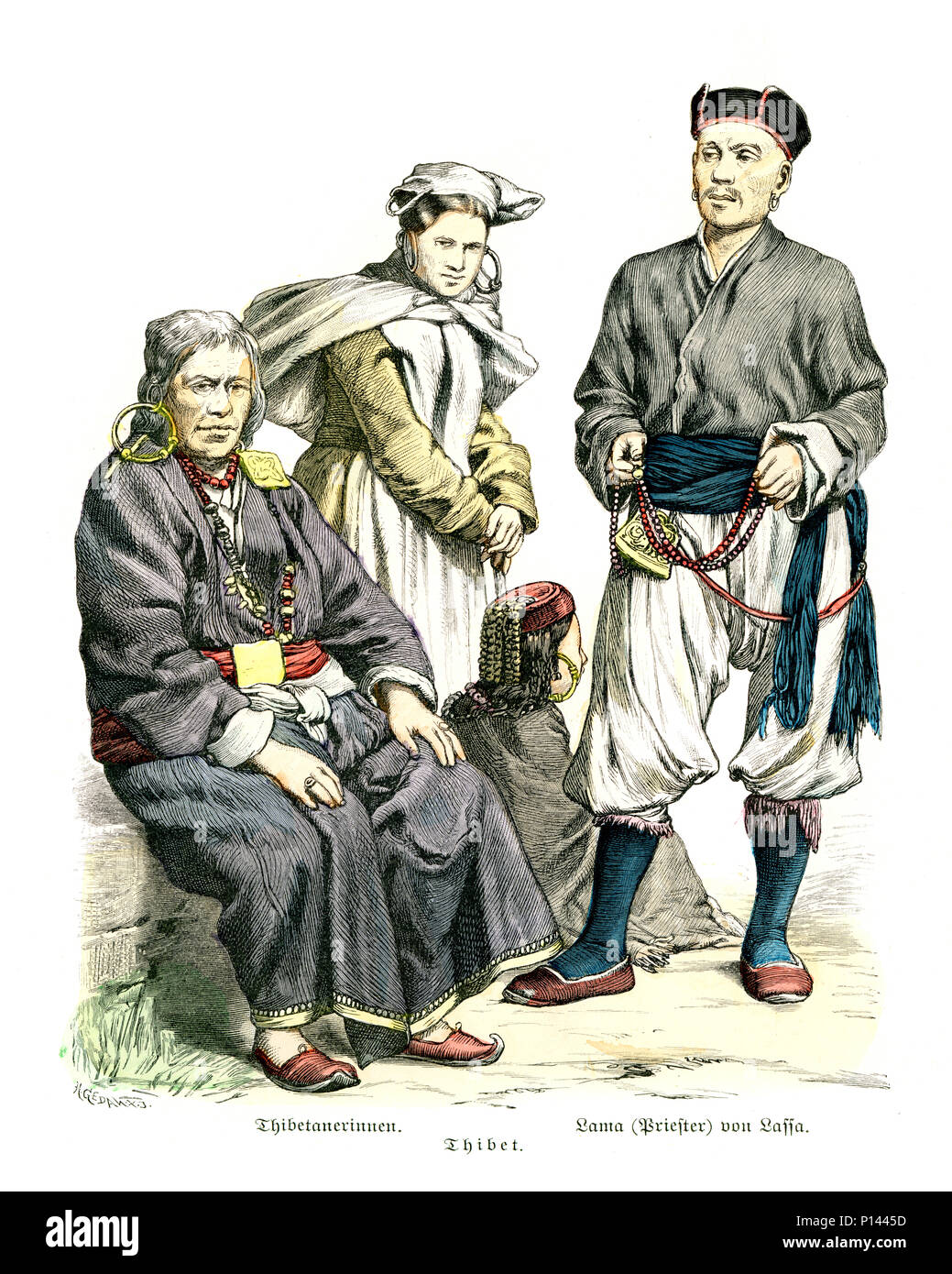 Vintage incisione di Storia della moda, costumi del Tibet, uomo e donna, Lama del Lassa, secolo XIX Foto Stock