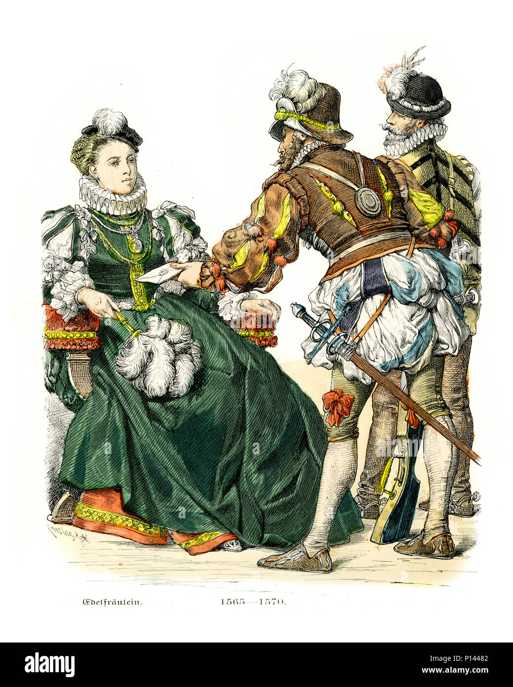 Vintage incisione di Storia della moda, costumi di Germania XVI secolo. Donna nubile di hish rango e soldati, 1565 a 1570 Foto Stock