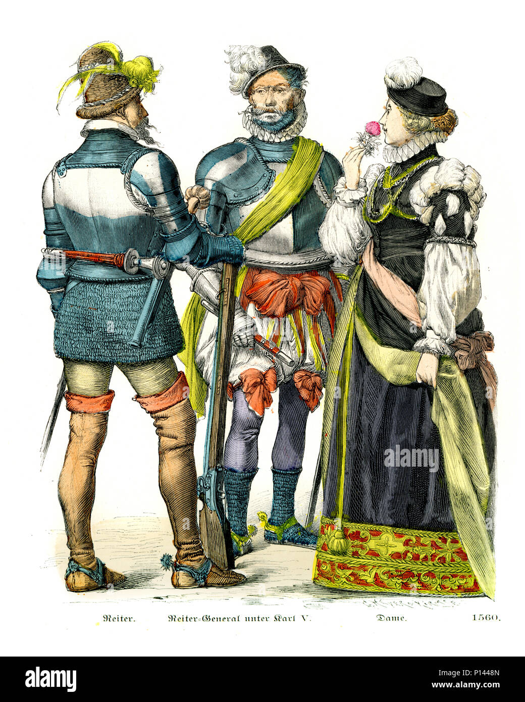 Vintage incisione di Storia della moda, costumi di Germania XVI secolo. Soldato di cavalleria e generale e Lady, 1560 Foto Stock