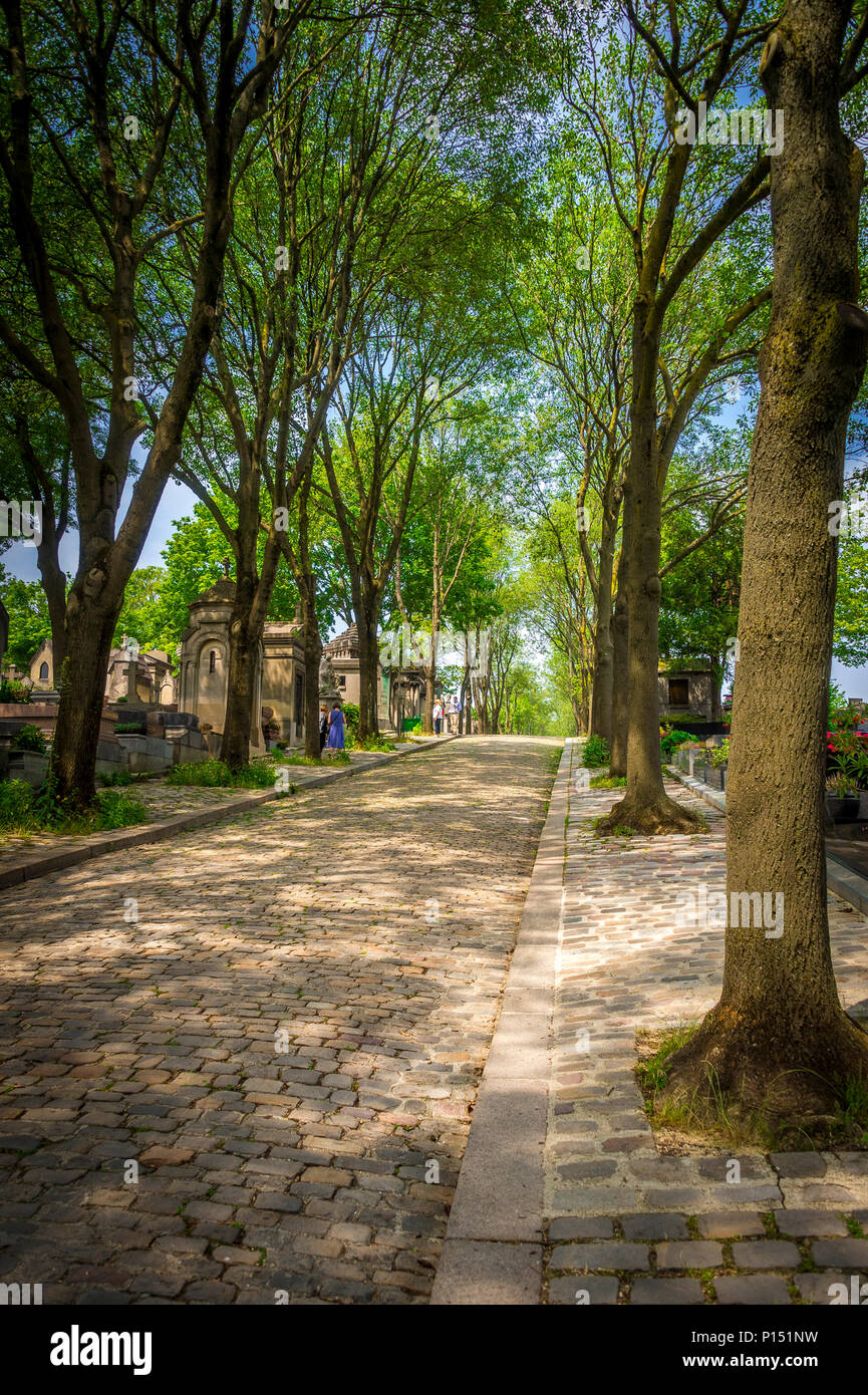 Le ampie strade alberate del cimitero di Père Lachaise sono il luogo ideale per una passeggiata estiva. Parigi, Francia Foto Stock