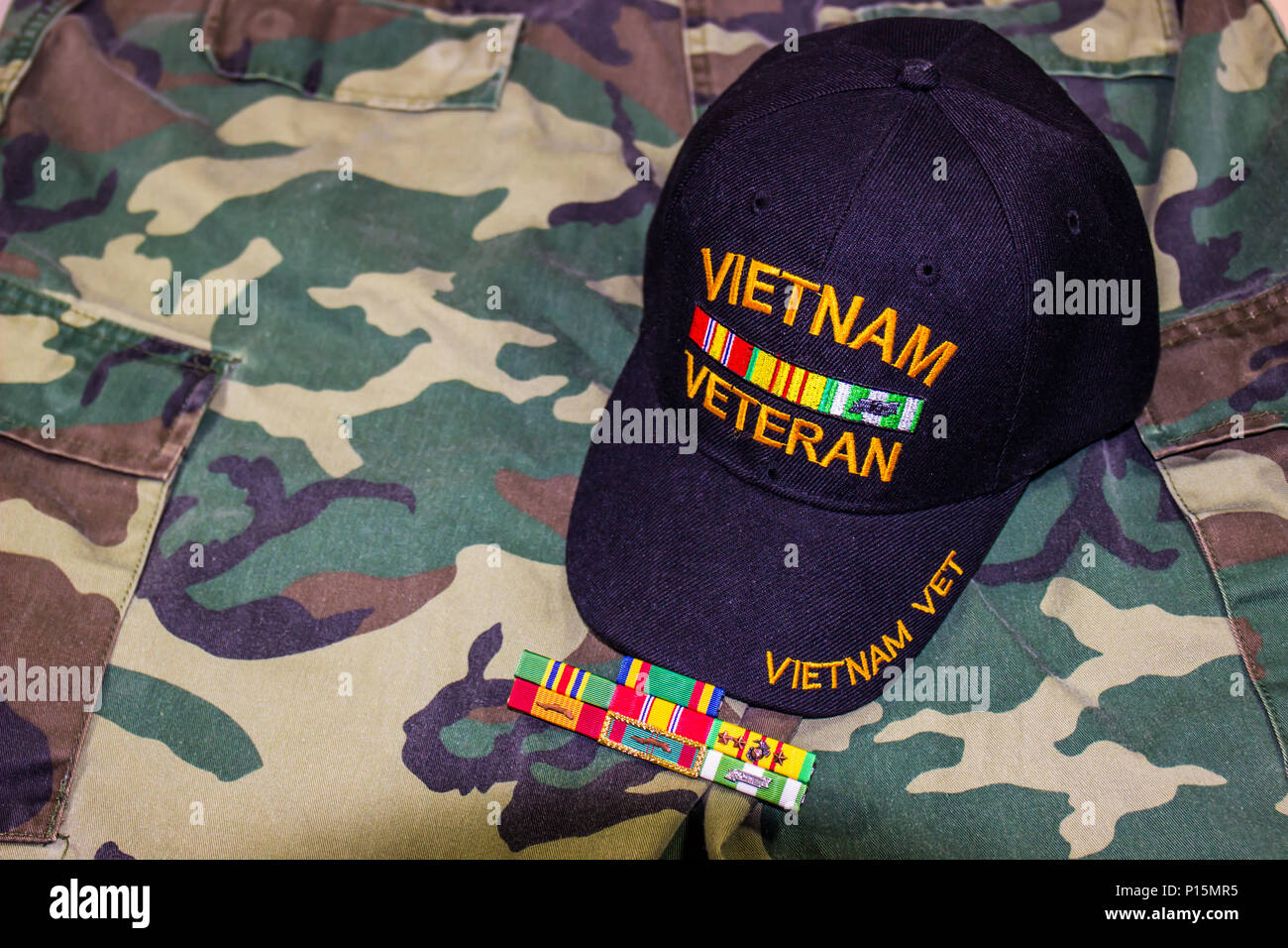 Veterano del Vietnam Hat & Service nastri su Camouflage uniforme Foto Stock