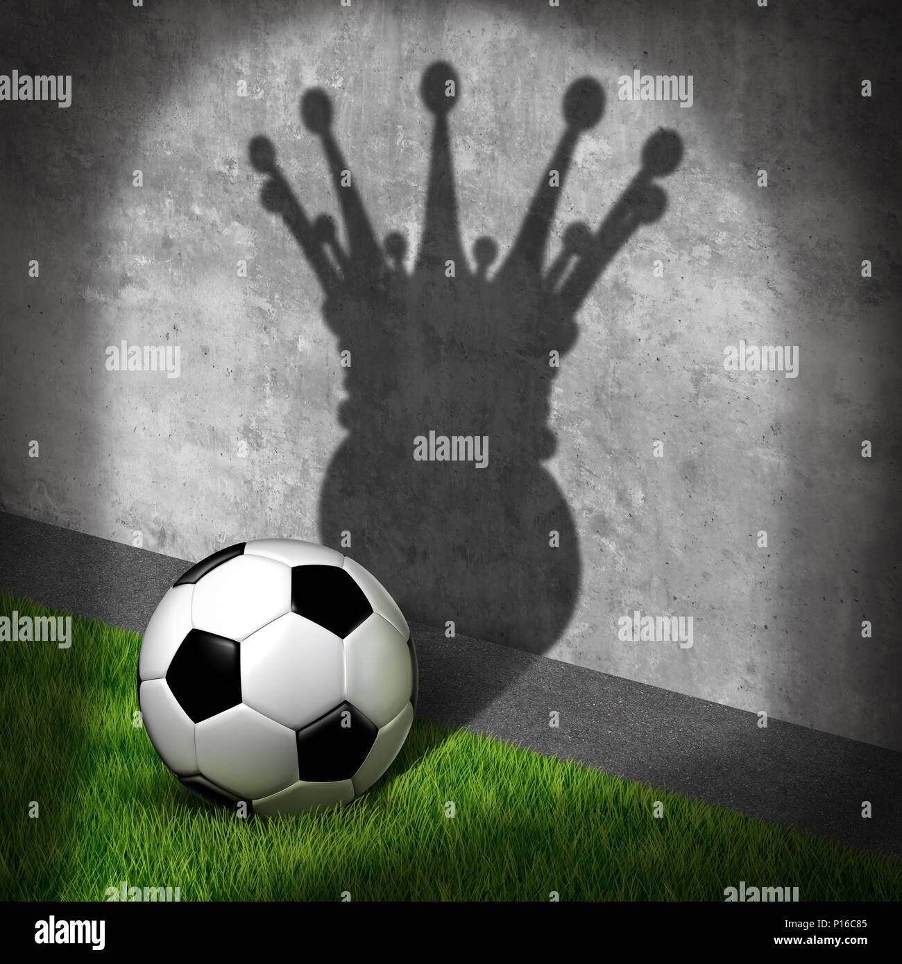 Soccer champion e calcio internazionale vincitore concetto come una sfera getta un' ombra che indossa una corona di re come una metafora per la visualizzazione di vittoria. Foto Stock