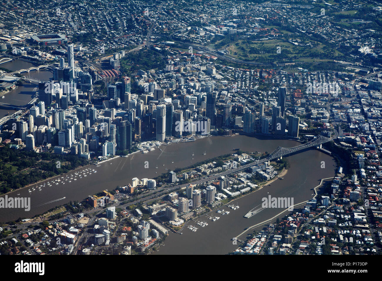 Fiume Brisbane, Story Bridge e il CBD di Brisbane, Queensland, Australia - aerial Foto Stock