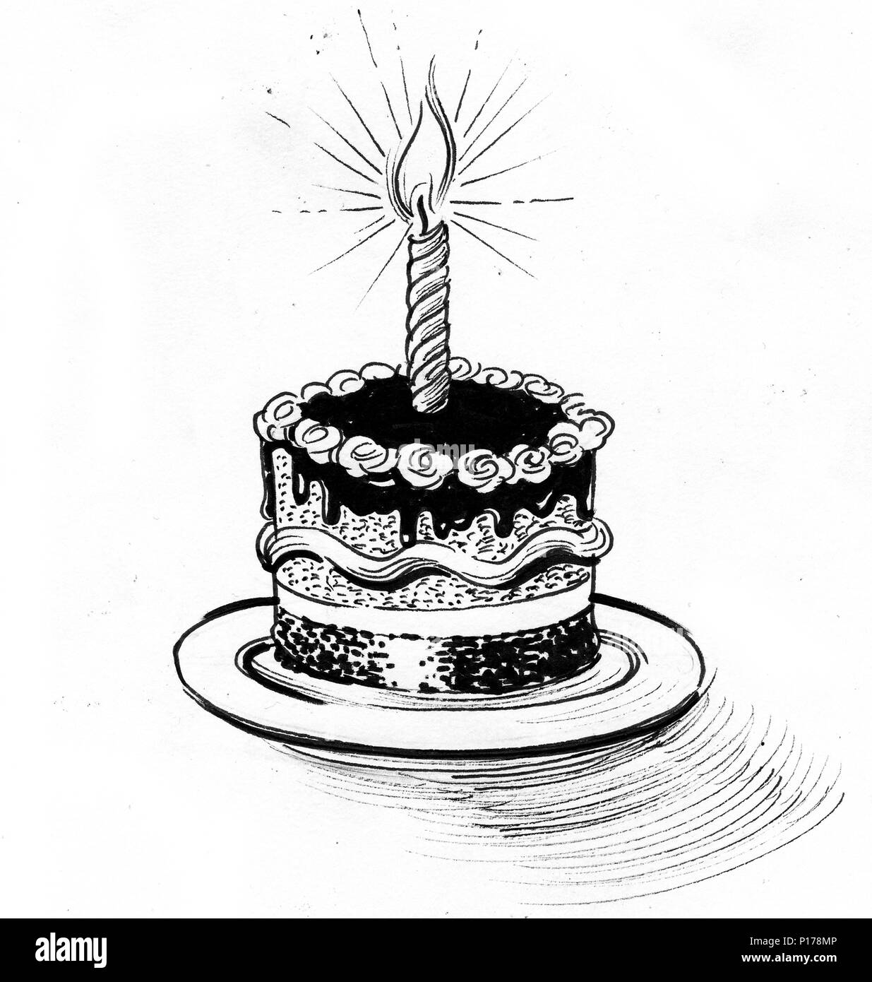 torta con candela - 3 Torta con una candela che brucia. L'inchiostro bianco e nero disegno Foto stock - Alamy