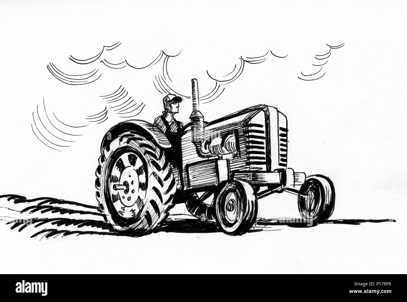 Agricoltore sul trattore. L'inchiostro bianco e nero illustrazione Foto Stock