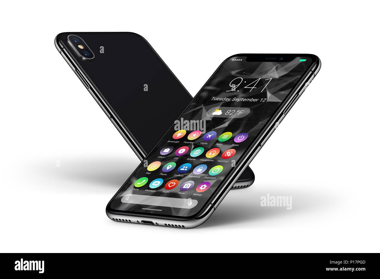 In prospettiva gli smartphone nero con design di materiale piatto interfaccia UI del lato anteriore e del lato posteriore. Android concept phone. Foto Stock