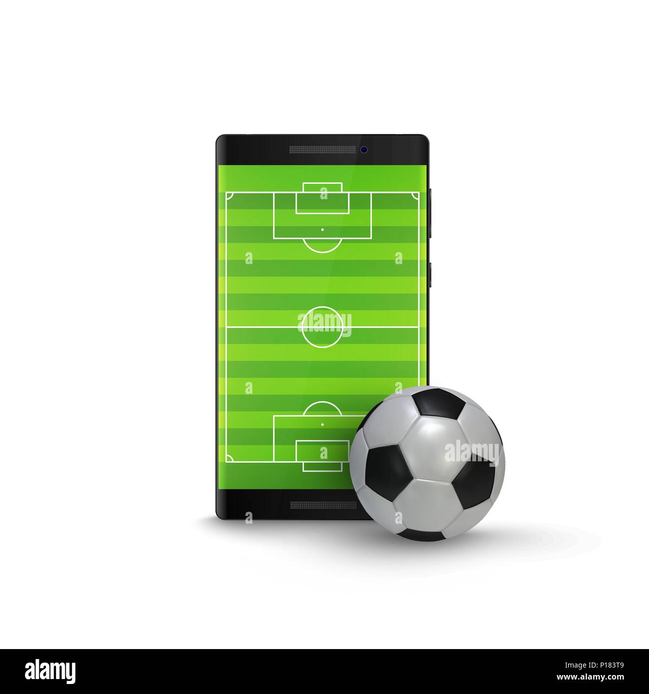 Sport scommesse online. Telefono cellulare con il calcio pallone da calcio e un campo sullo schermo. Illustrazione di vettore isolato su sfondo bianco Illustrazione Vettoriale