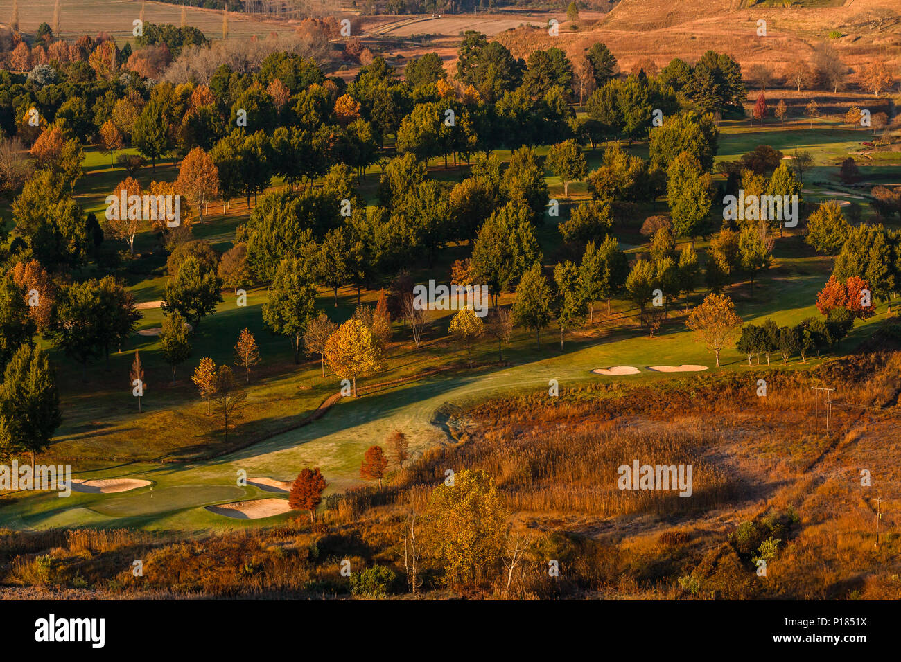 La mattina presto autunno autunno colori affacciato sul campo da golf di bandiera verde stick fairways alberi paesaggio panoramico Foto Stock