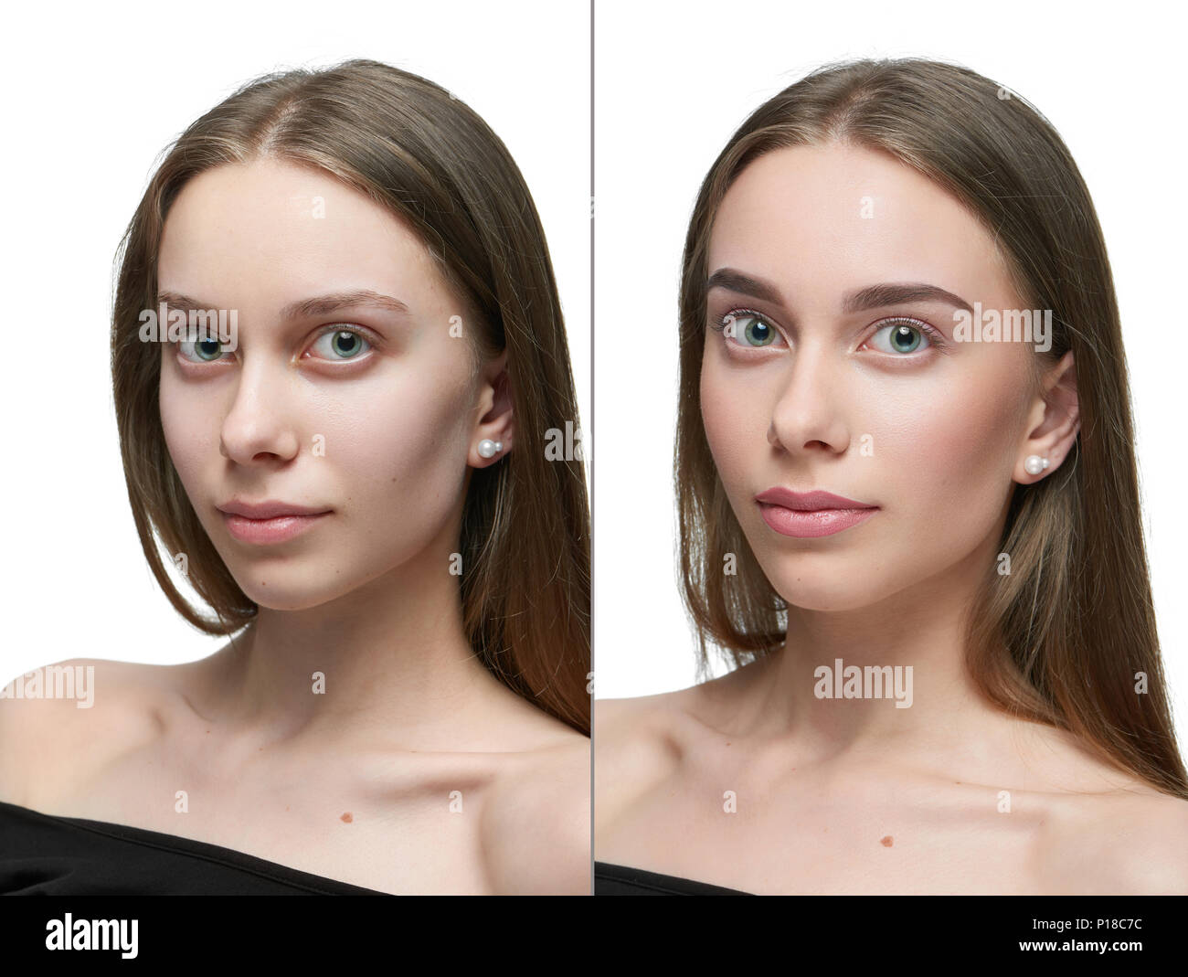 Frontview confronto di una ragazza prima e dopo il make up. sinistra pert -  guardare la ragazza della fotocamera senza make up, parte destra - stessa  ragazza in posa dopo make up.
