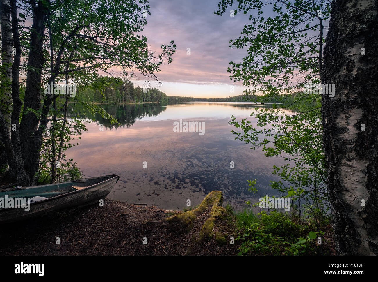Paesaggio panoramico e idilliaco con vista sul lago e la barca ad una serata estiva in Finlandia Foto Stock