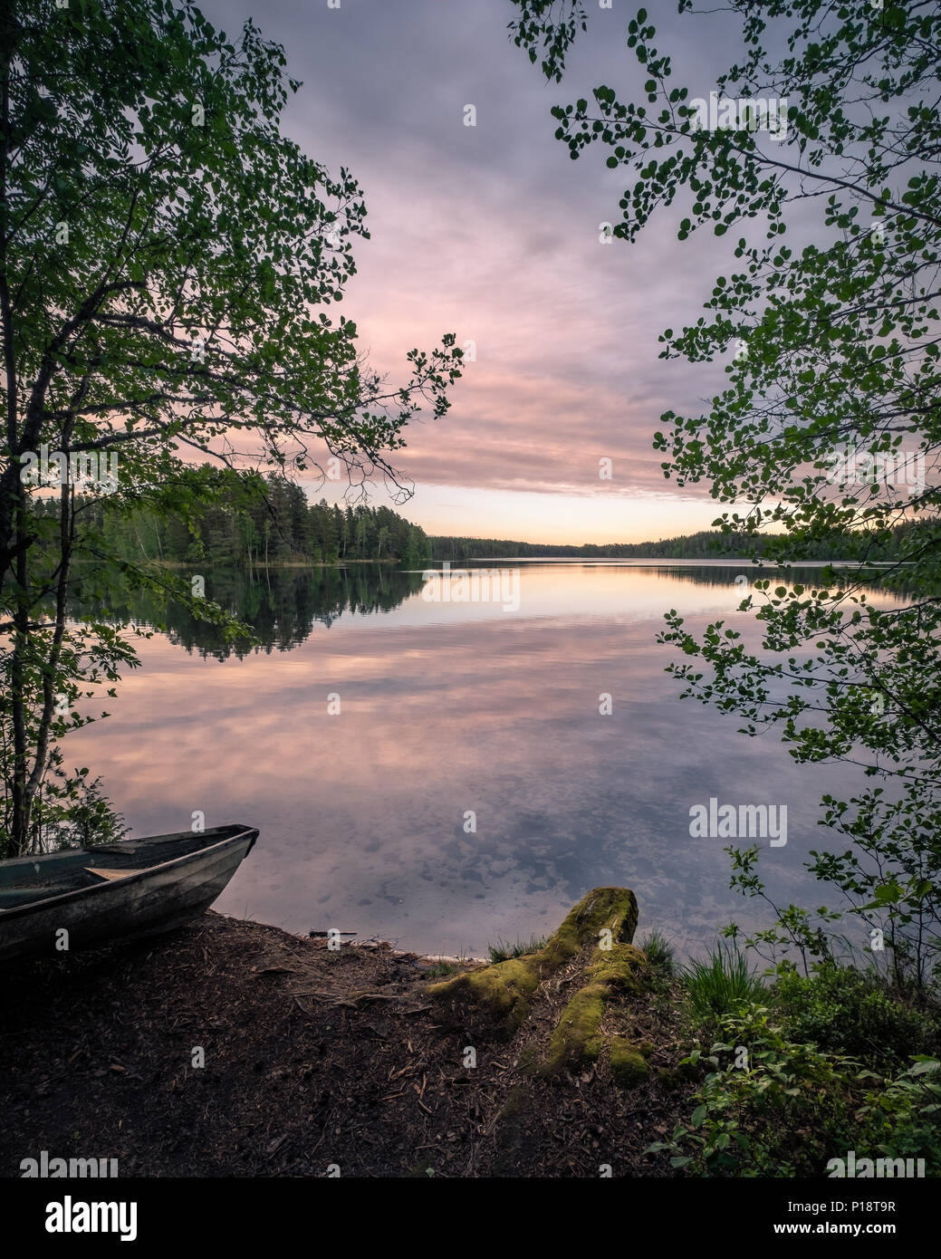 Paesaggio panoramico e idilliaco con vista sul lago e la barca ad una serata estiva in Finlandia Foto Stock
