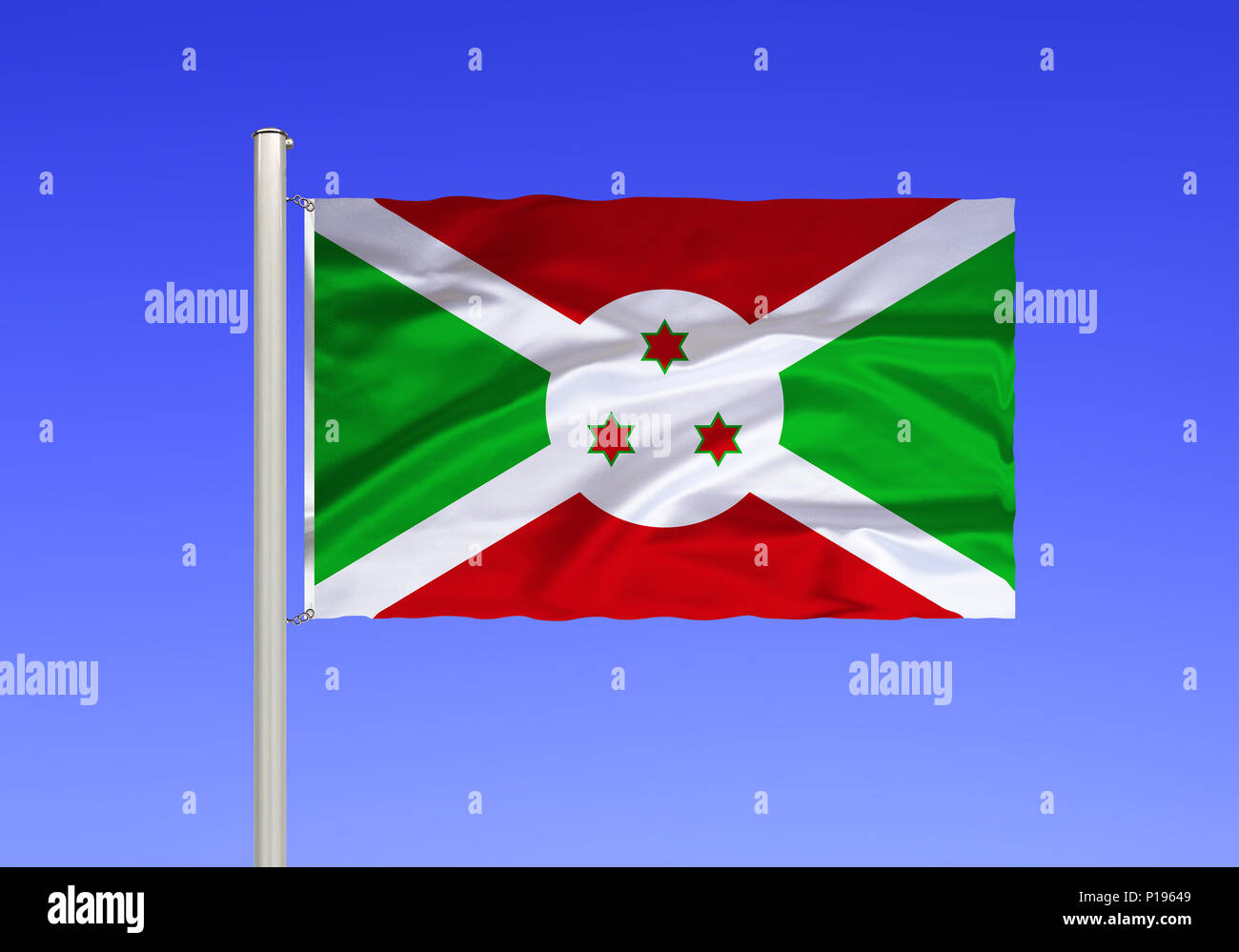 Bandiera del Burundi, paese senza sbocco sul mare in Africa orientale, la sua capitale è la città di Bujumbura, , Flagge von Burundi, Binnenstaat in Ostafrika, Hauptstadt ho Foto Stock
