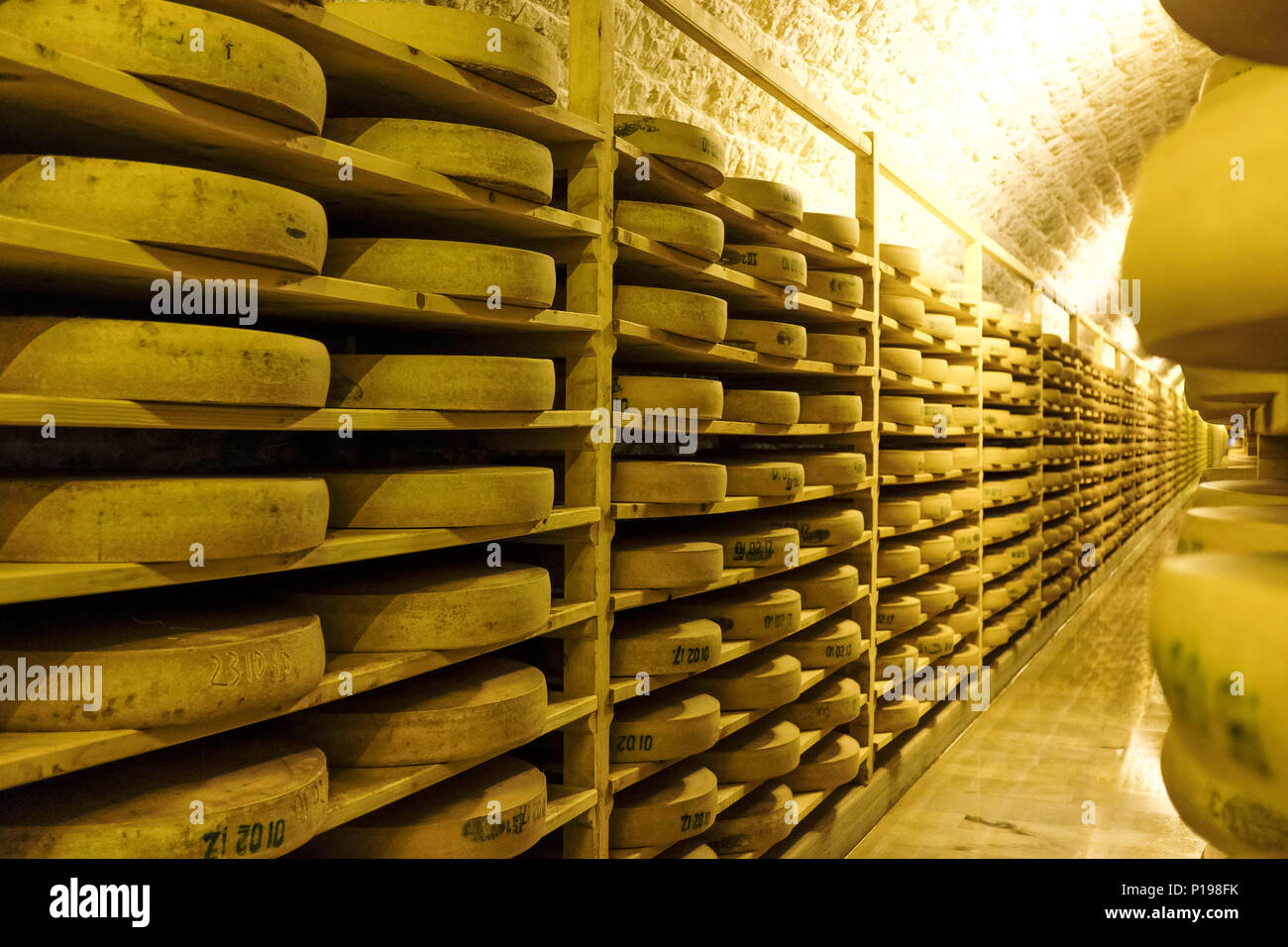 Juraflore Comte formaggio. La cantina di maturazione di Fort Des Rousses nel Giura reparto (nord-est della Francia) Foto Stock