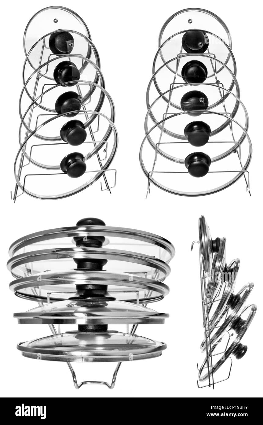 Cucina appendiabiti con coperchi in vetro per cucinare pentole. Appendiabiti adatto per appendere su armadi, cucina rotaie. Realizzato in alluminio, argento, filo isolato su un Foto Stock