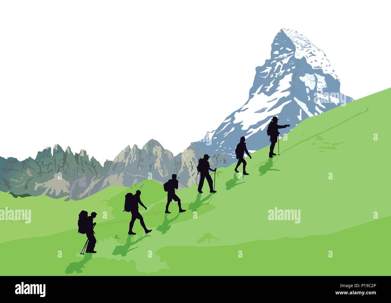 Scalatore nella parte anteriore del paesaggio di montagna, illustrazione Illustrazione Vettoriale