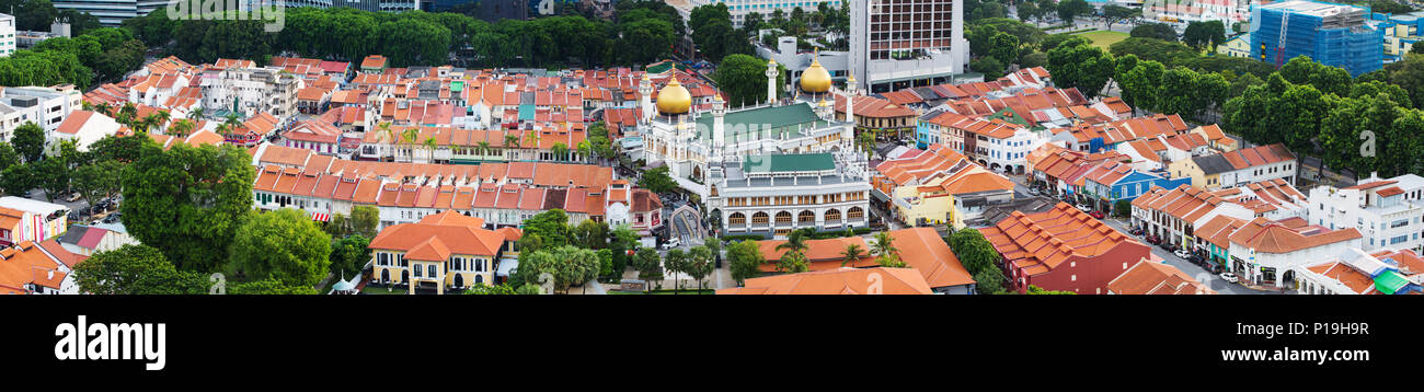 Una vista panoramica aerea del quartiere di Kampong Glam che è popolare tra i turisti da tutto il mondo da visitare qui. Singapore. Foto Stock
