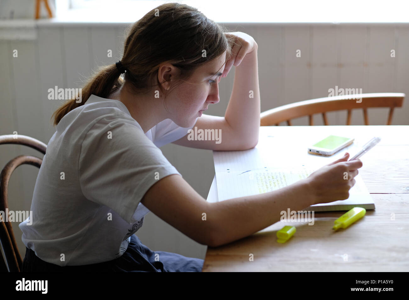 Una ragazza di 18 anni, studiando per un livelli sul tavolo della cucina Foto Stock