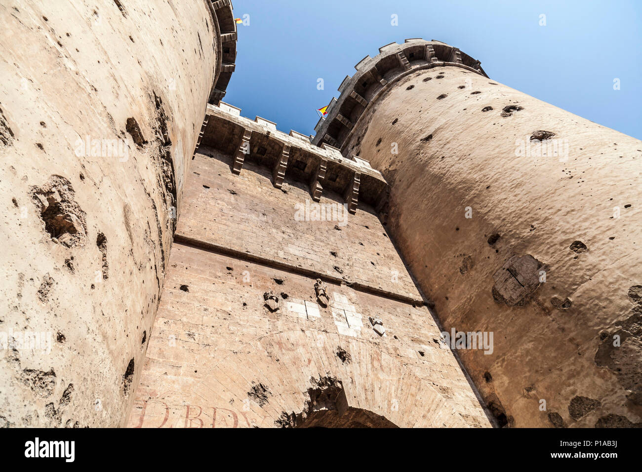 Antica architettura medievale, monumento, torre,Torres de Quart, Città centro di Valencia. Foto Stock