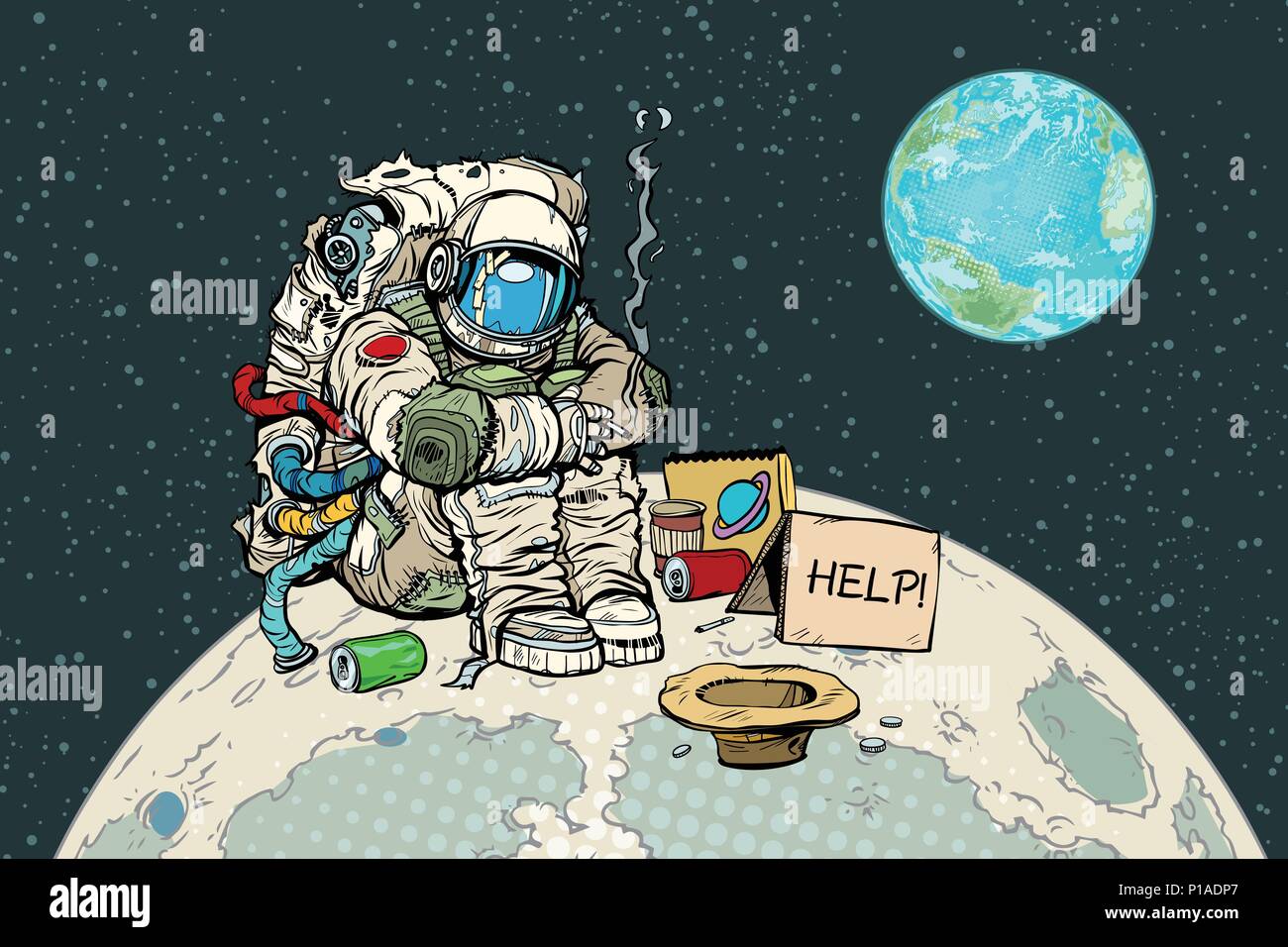 Poveri affamati astronauta sulla luna Illustrazione Vettoriale