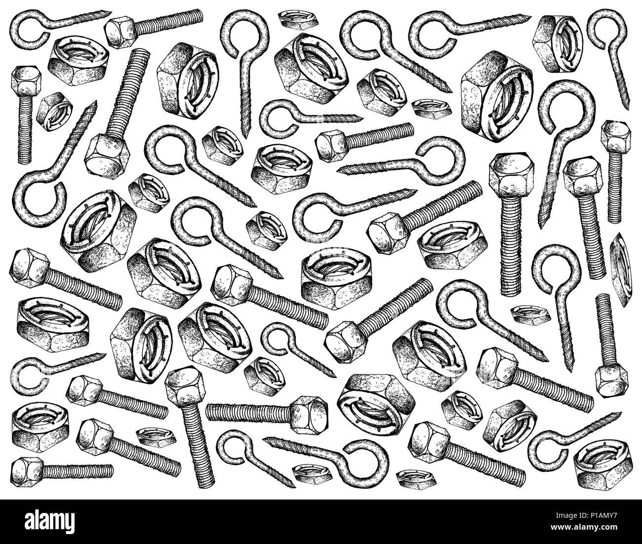 La produzione e l'industria, Illustrazione disegnata a mano lo schizzo di sfondo dell'occhio Gal, i bulloni esagonali e inserto in nylon i dadi di bloccaggio. Un tipo di dispositivo di fissaggio Foto Stock