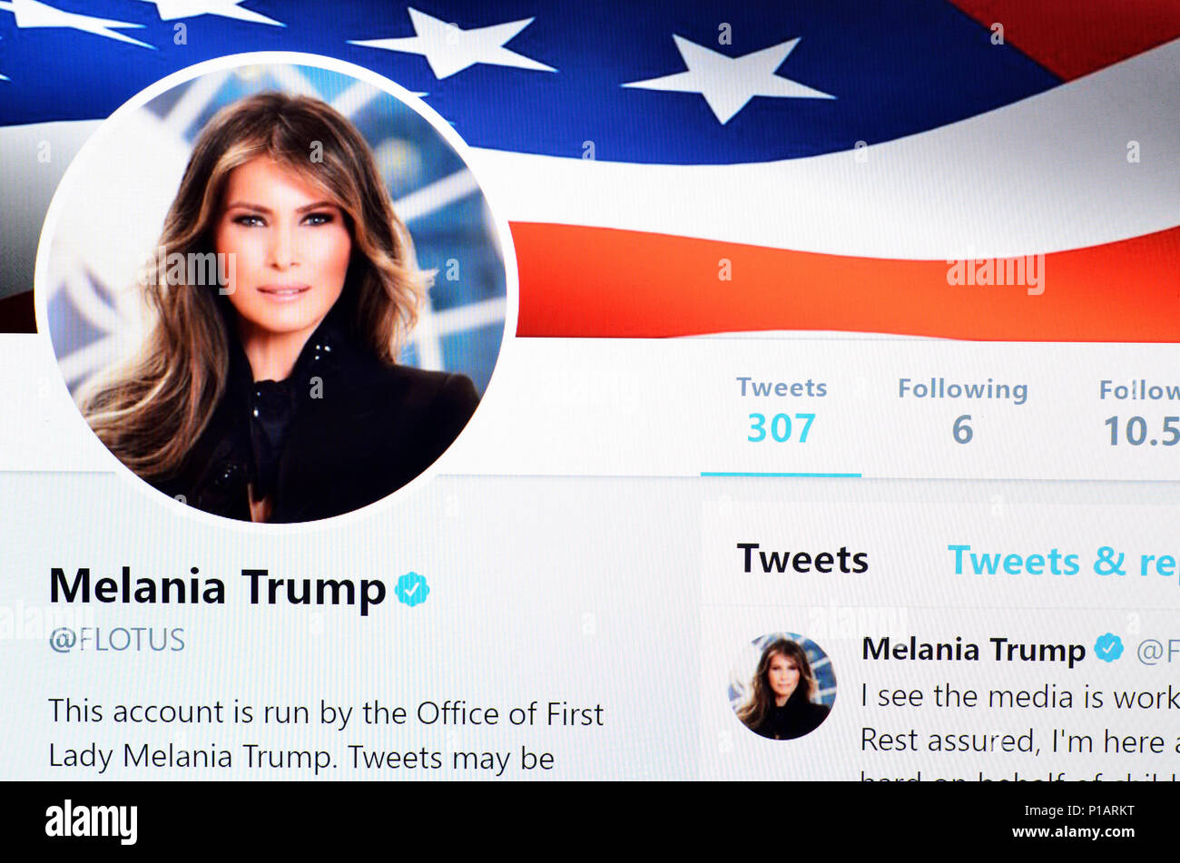 Melania Trump account Twitter home page (giugno 2018) Foto Stock