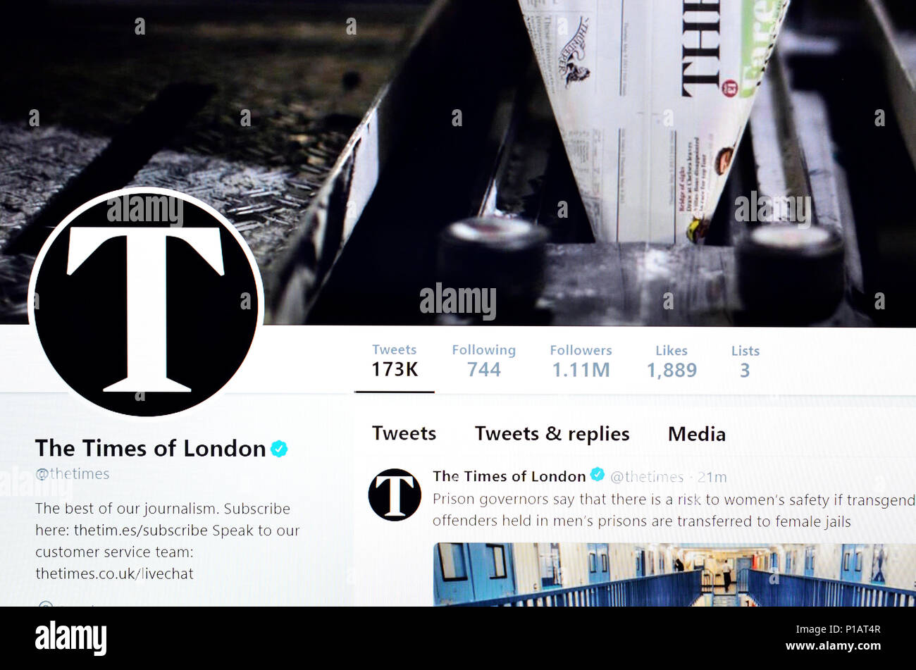 Tempi del giornale di Londra account Twitter home page (giugno 2018) Foto Stock