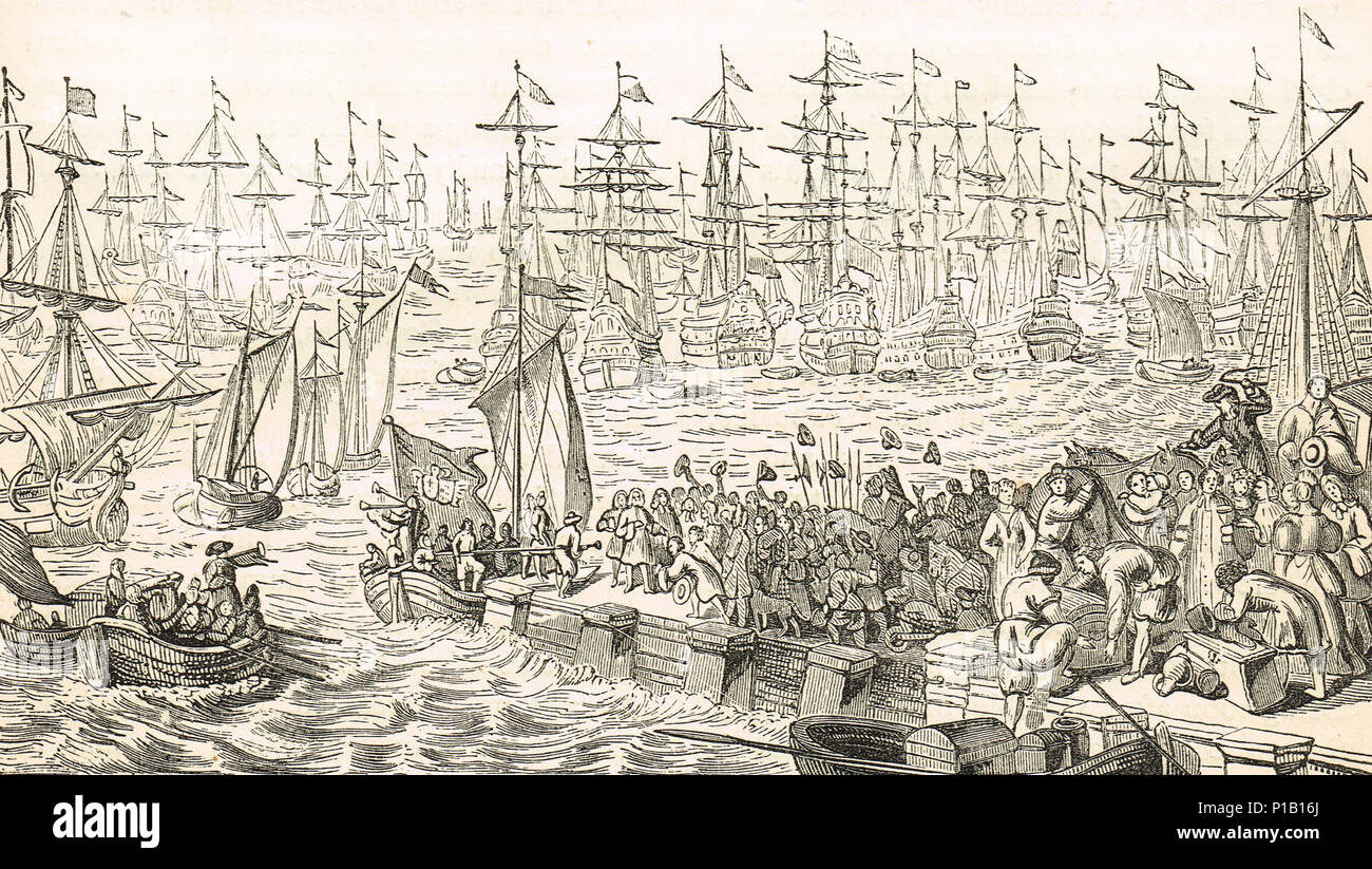 Imbarco di Guglielmo d Orange da Helvoetsluys, in Olanda nel 1688, uscire per Torbay. invasione dell'Inghilterra durante la Gloriosa Rivoluzione Foto Stock