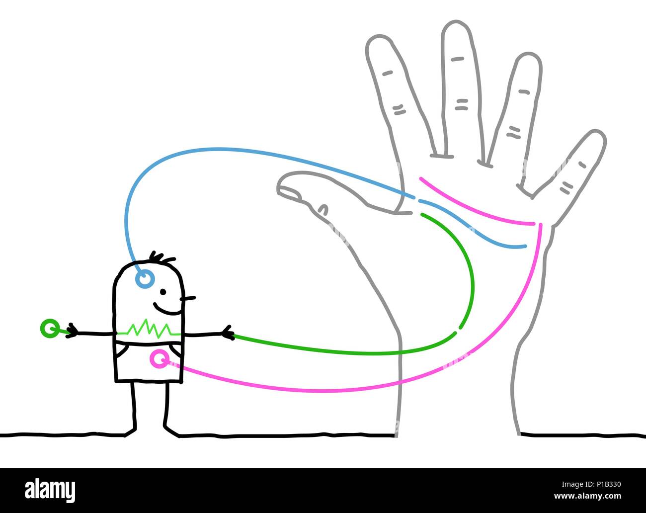 Grossa mano con cartoni animati - cuore, testa e linee di vita Illustrazione Vettoriale