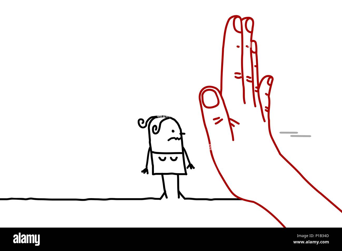 Grossa mano con cartoni animati - segno di stop di fronte a una donna Illustrazione Vettoriale