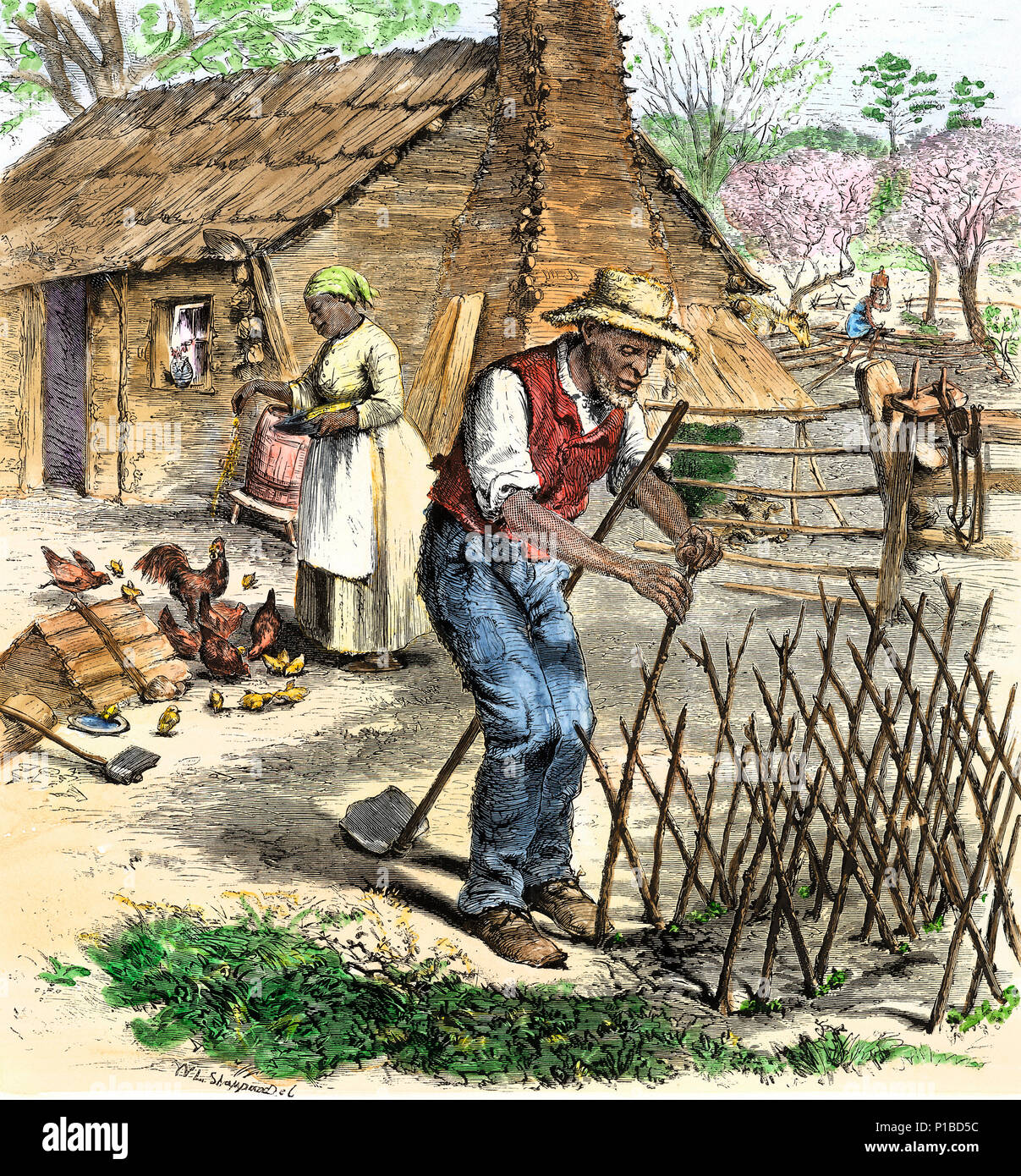 Ex schiavo giovane nella primavera al di fuori della loro cabina in Virginia dopo la guerra civile. Colorate a mano la xilografia Foto Stock