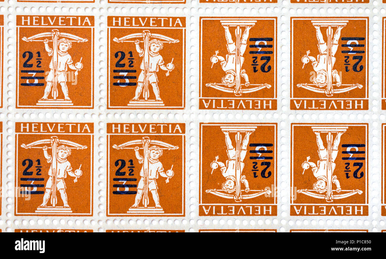 Foglio di Svizzeri inutilizzati tete-beche francobolli. Foto Stock