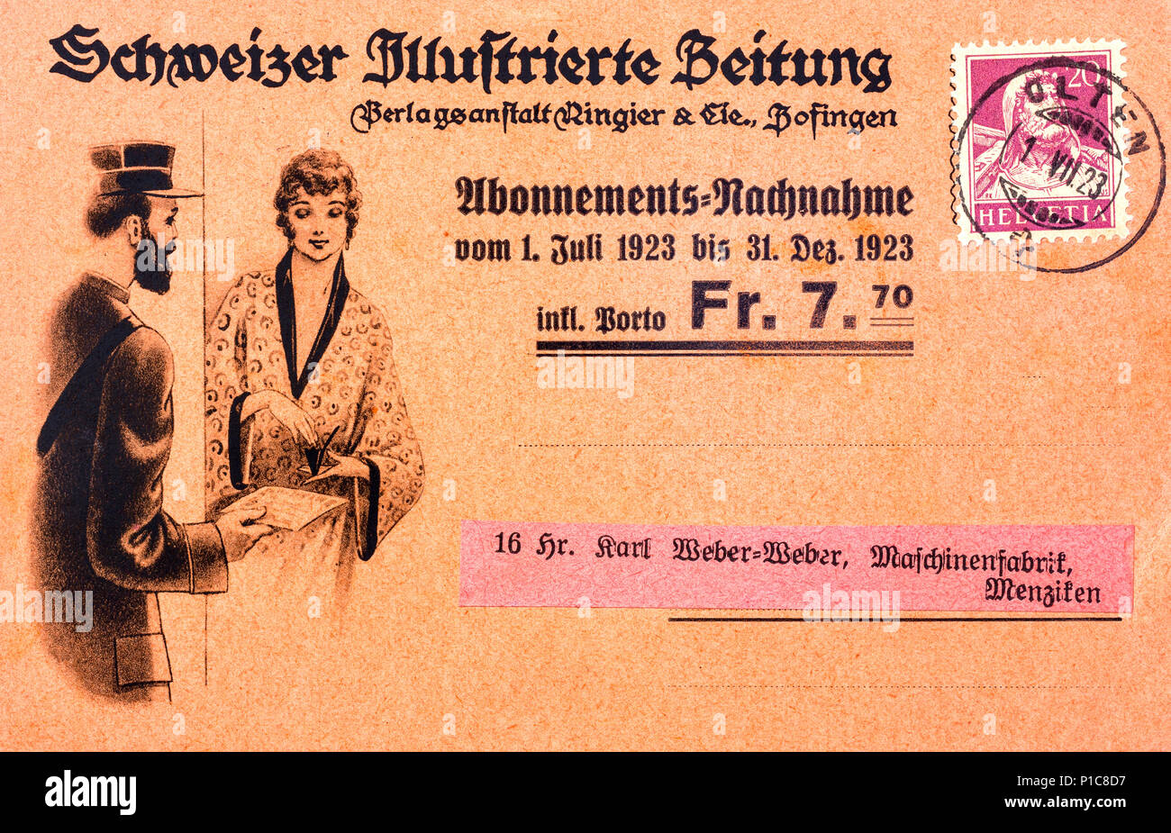 1923 Swiss illustrato nachnahme cash-su-cartolina di consegna. Foto Stock