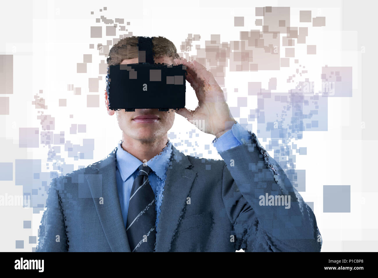 Composito Digitale dell'uomo con un'augmented reality simulator Foto Stock