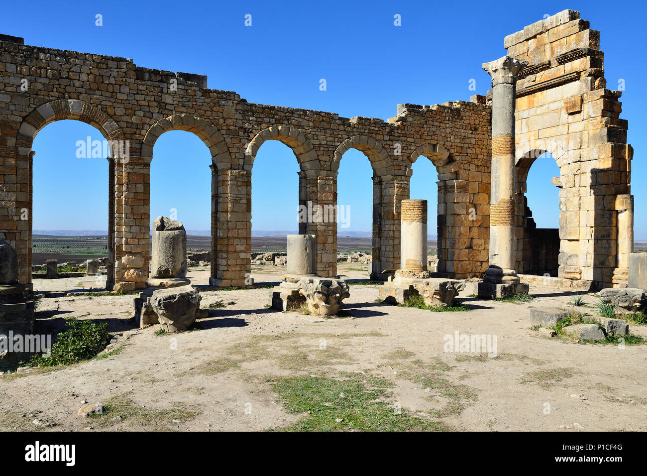 VOLUBILIS, Marocco - 29 novembre 2015: ampio complesso di rovine della città romana Volubilis - di antica città capitale della Mauritania nel centrale p Foto Stock
