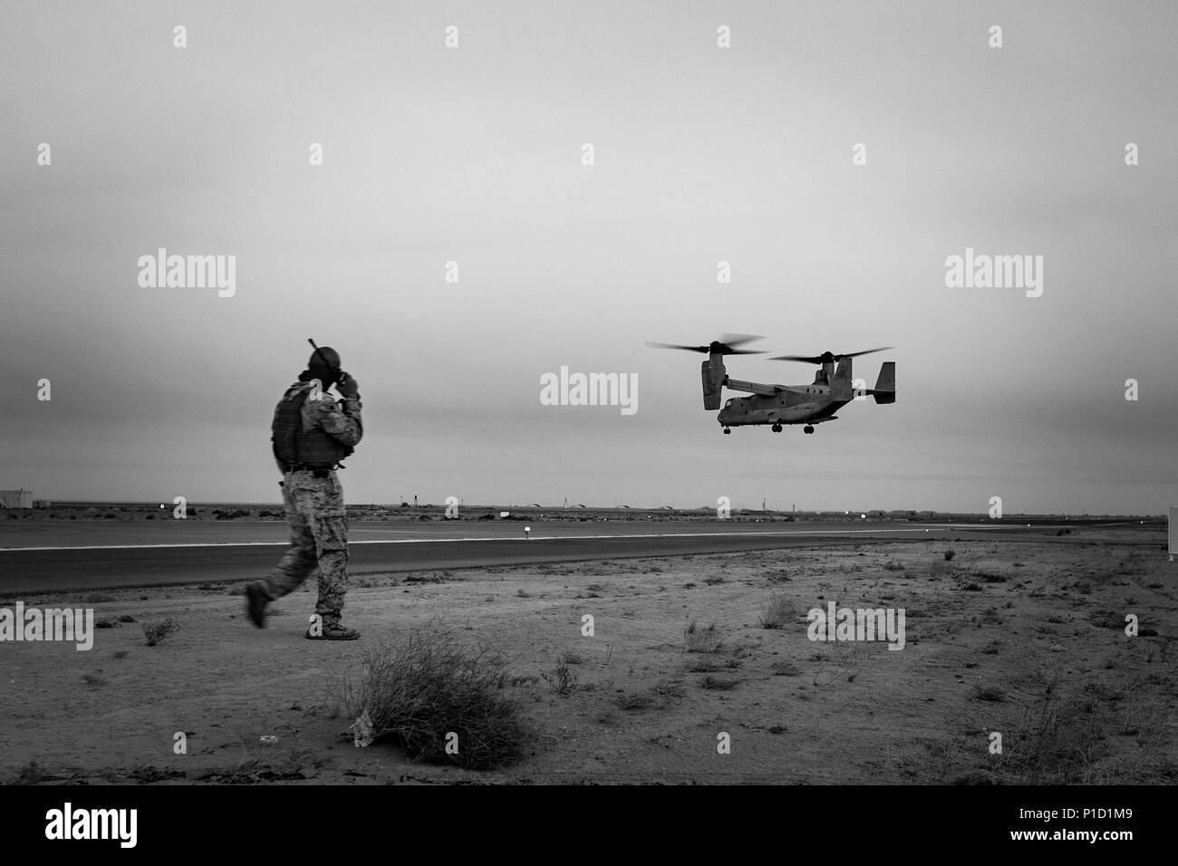 Stati Uniti Marine Corps Staff Sgt. Steven Habon, un plotone sergente con Fox Company, 2° Battaglione, 7° Reggimento Marine, Special Purpose Marine Air Ground Task Force - Risposta in caso di crisi - Comando Centrale, parla con MV-22B Osprey equipaggio capi su una radio durante la rapida formazione di corda mentre in avanti distribuito, Sett. 17, 2016. Fast roping permette l'inserimento rapido di Marines in ostile le zone di atterraggio degli aeromobili di limitazione e di personale vulnerabilità. SPMAGTF-CR-CC è una auto-sostenere unità expeditionary, progettati per fornire una vasta gamma di crisi le capacità di risposta in tutto il comando centrale zona di res Foto Stock