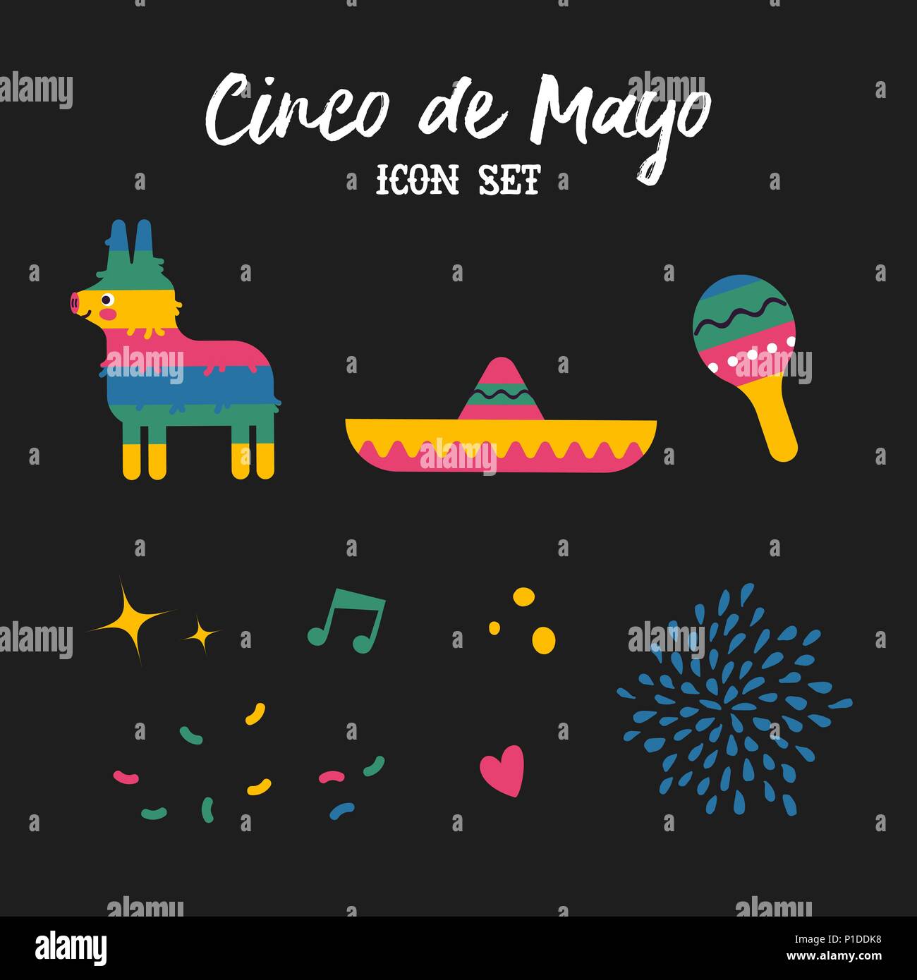 Cinco de Mayo isolato decorazione set. Festive mexican disegnati a mano include icone carino asino pinata, mariachi hat e maracas. EPS10 vettore. Illustrazione Vettoriale