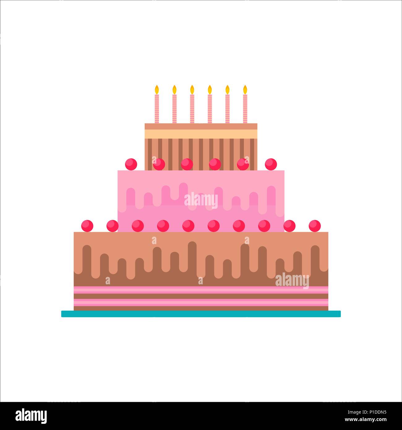 Torta di compleanno su sfondo isolato. Deliziosi dessert pasta alimentare a base di cioccolato e fragola con la celebrazione delle candele. EPS10 vettore. Illustrazione Vettoriale