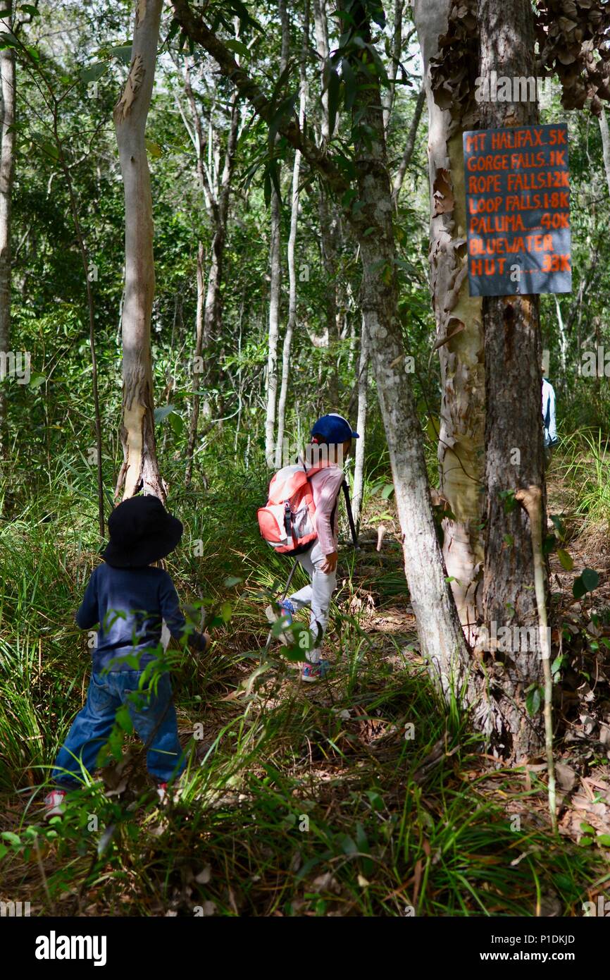 I bambini a piedi passato un informale segno di distanza per il Monte Halifax trail, Paluma Range National Park, Rollingstone QLD, Australia Foto Stock