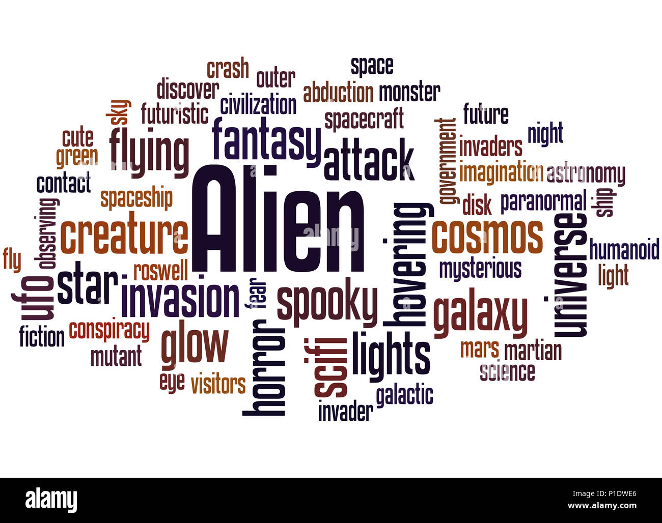 Alien, word cloud concetto su sfondo bianco. Foto Stock