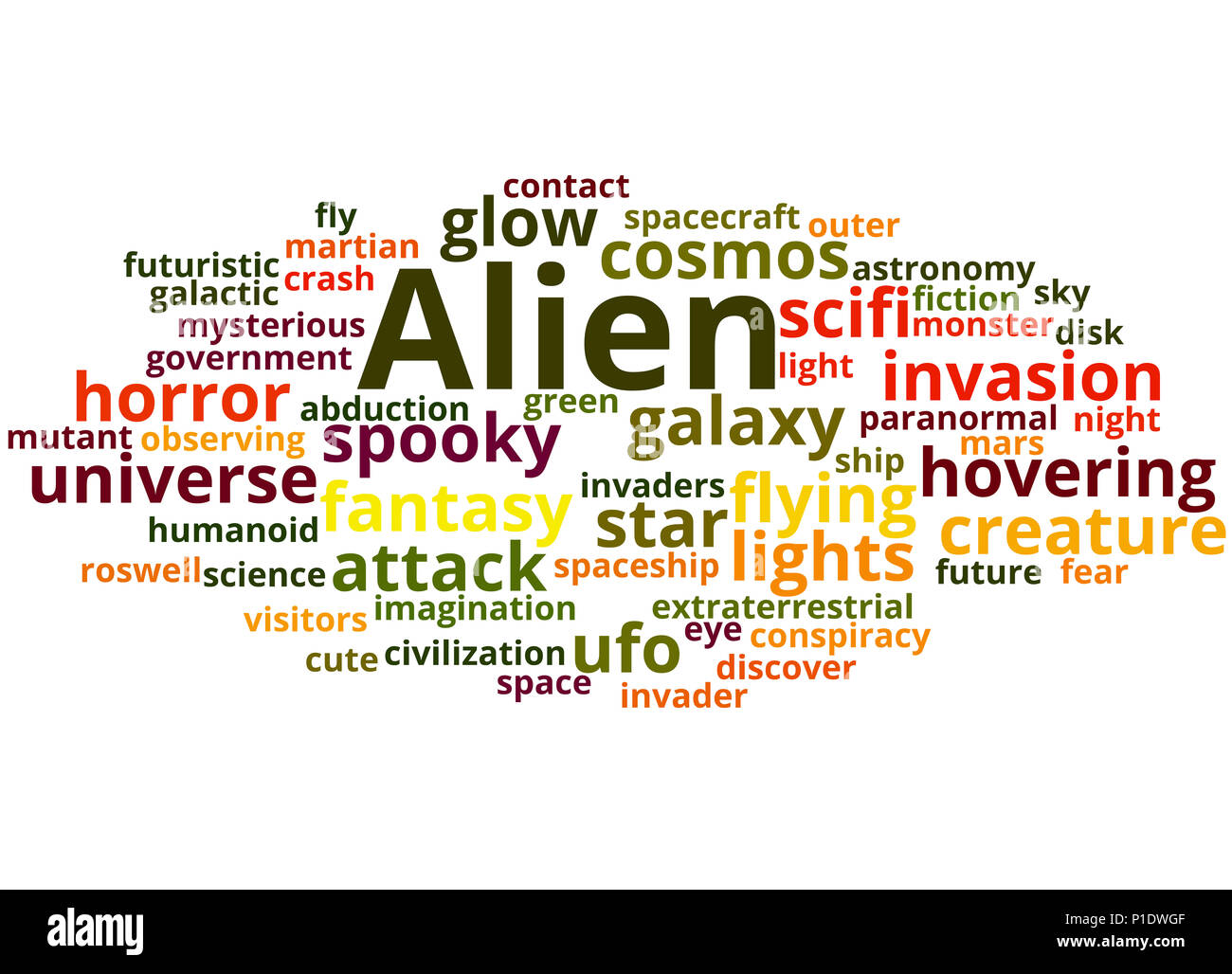 Alien, word cloud concetto su sfondo bianco. Foto Stock