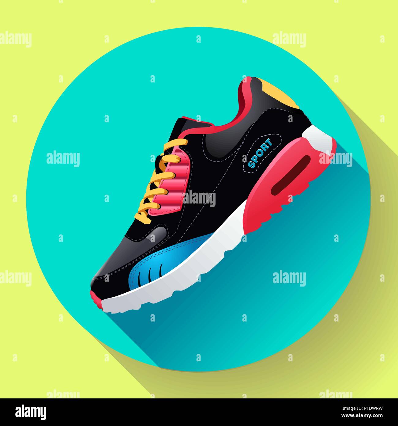 Fitness scarpe da ginnastica per la formazione running shoe design piatto con lunga ombra Illustrazione Vettoriale