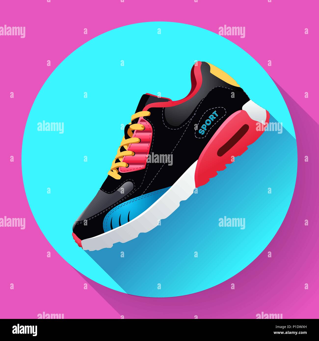 Fitness scarpe da ginnastica per la formazione running shoe design piatto con lunga ombra Illustrazione Vettoriale