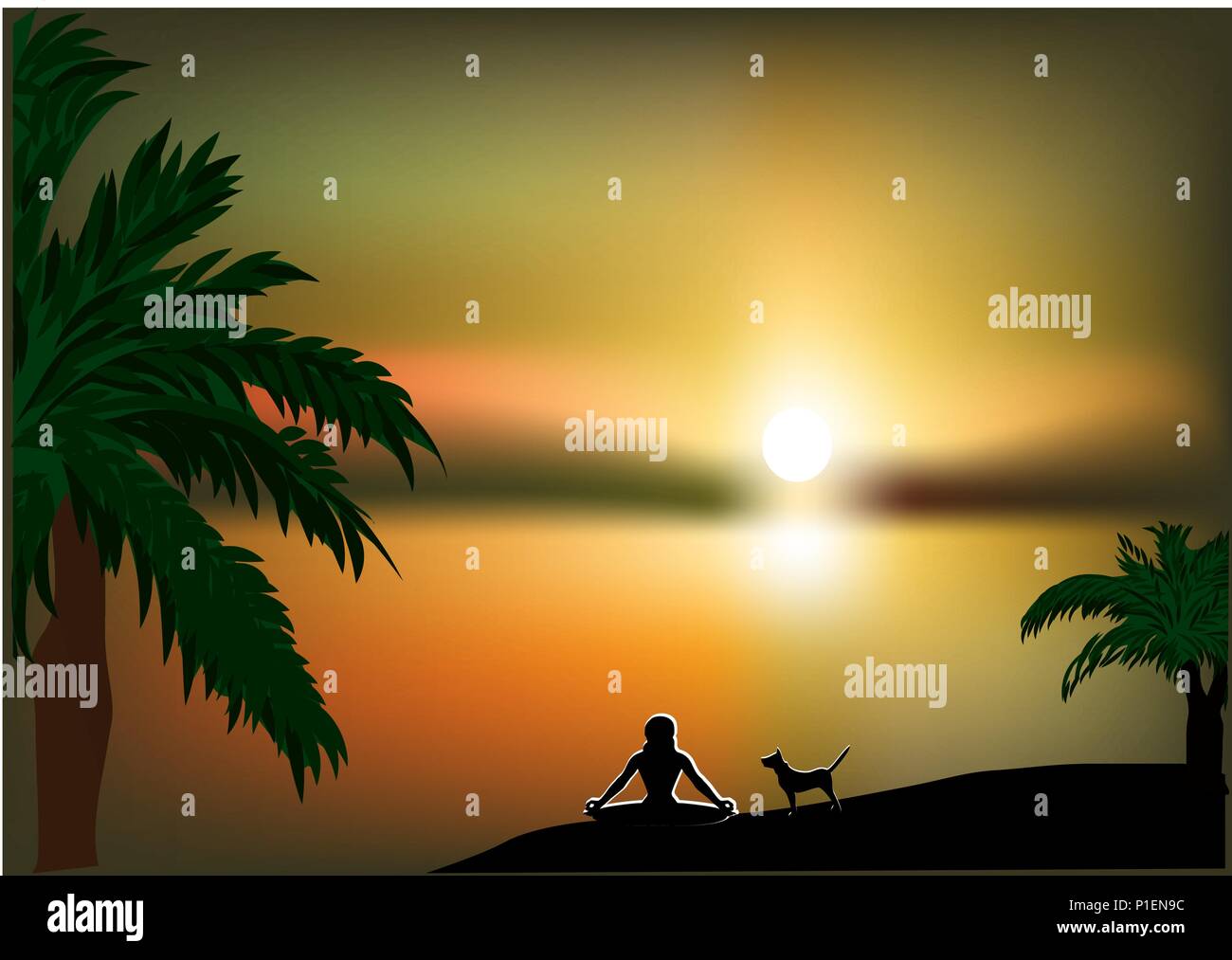 Donna e cane. tramonto al mare Illustrazione Vettoriale