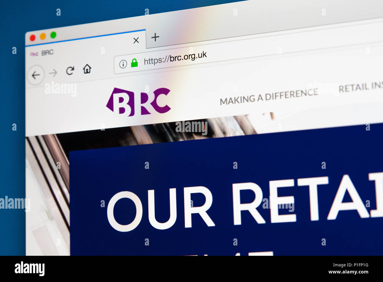 LONDON, Regno Unito - 17 Maggio 2018: la homepage del sito ufficiale per il British Retail Consortium - l'associazione commerciale nel Regno Unito in rappresentanza di tutti i Foto Stock