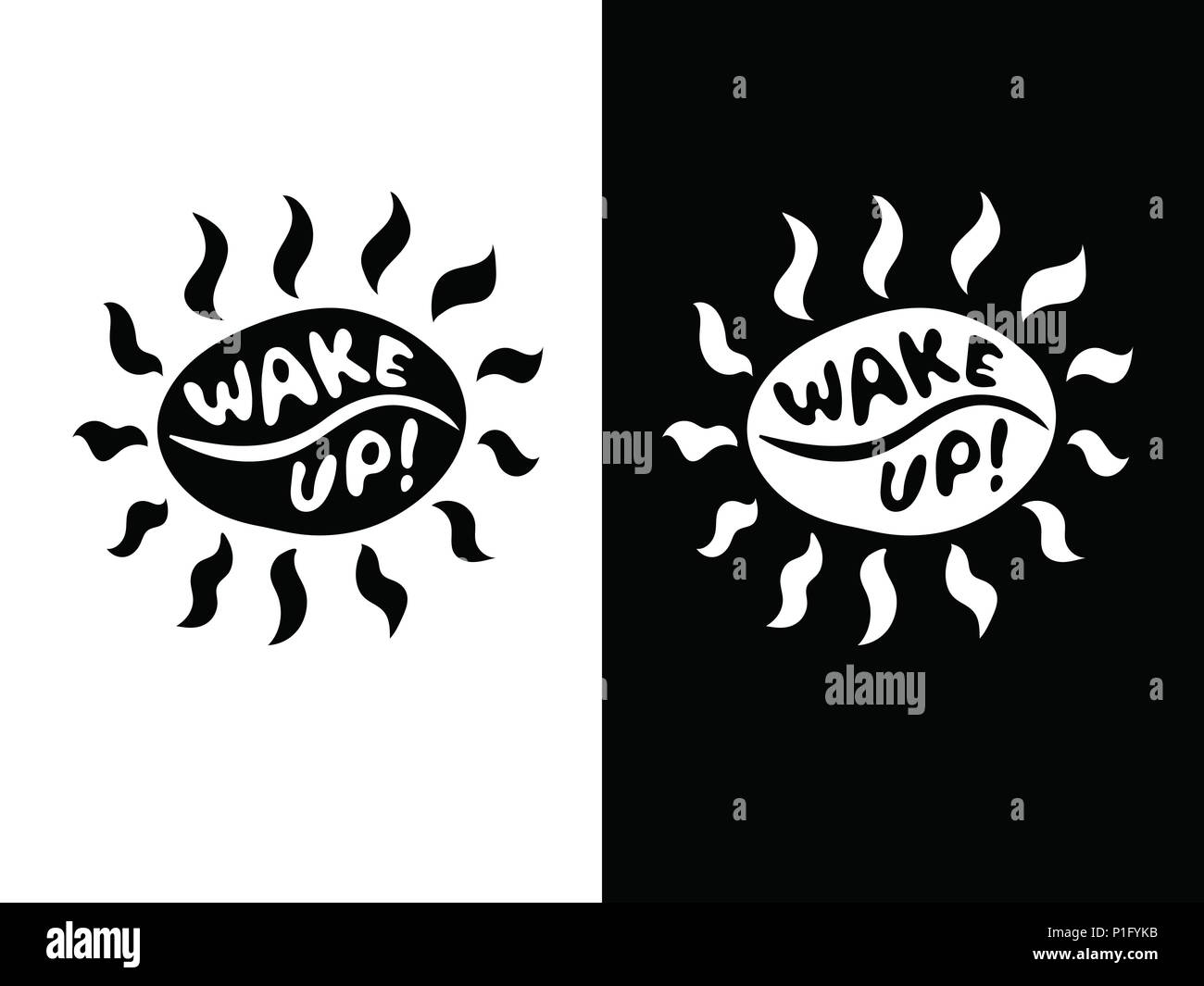Divertente in bianco e nero chicco di caffè sun con icona di travi con caratteri Wake up! Illustrazione Vettoriale
