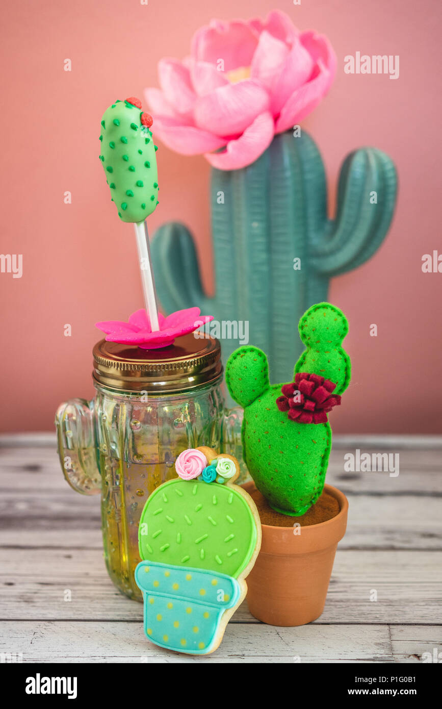 Ancora la vita di vari elementi di cactus su sfondo rosa Foto Stock