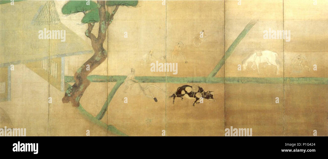 'L'aratura', uno di una coppia di schermi attribuito a Tawaraya SC3B4tatsu. Foto Stock