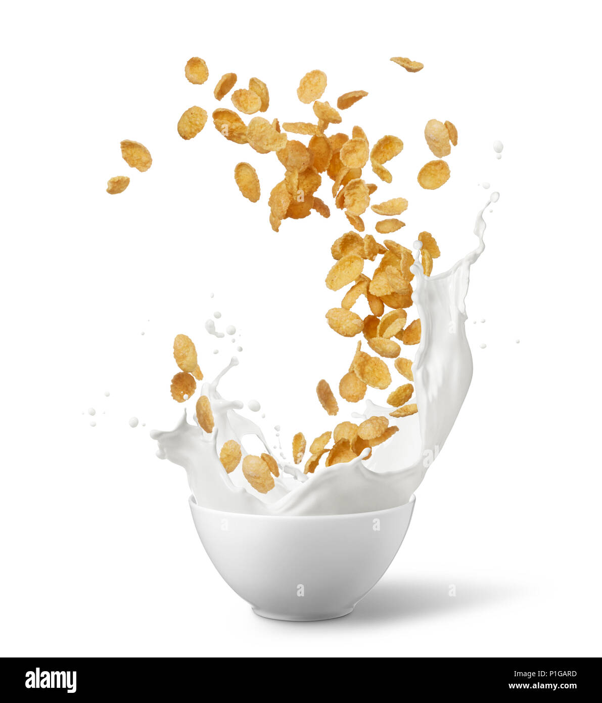 Ciotola di corn flakes con latte splash isolato su bianco Foto Stock