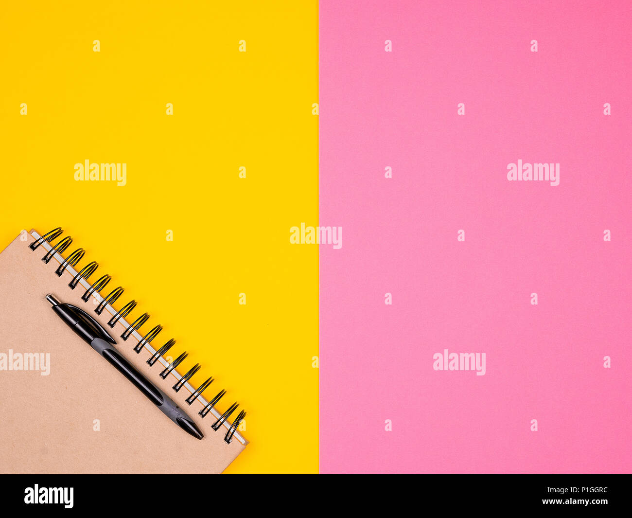 Notebook di carta con una penna su due sfondo colorato Foto Stock